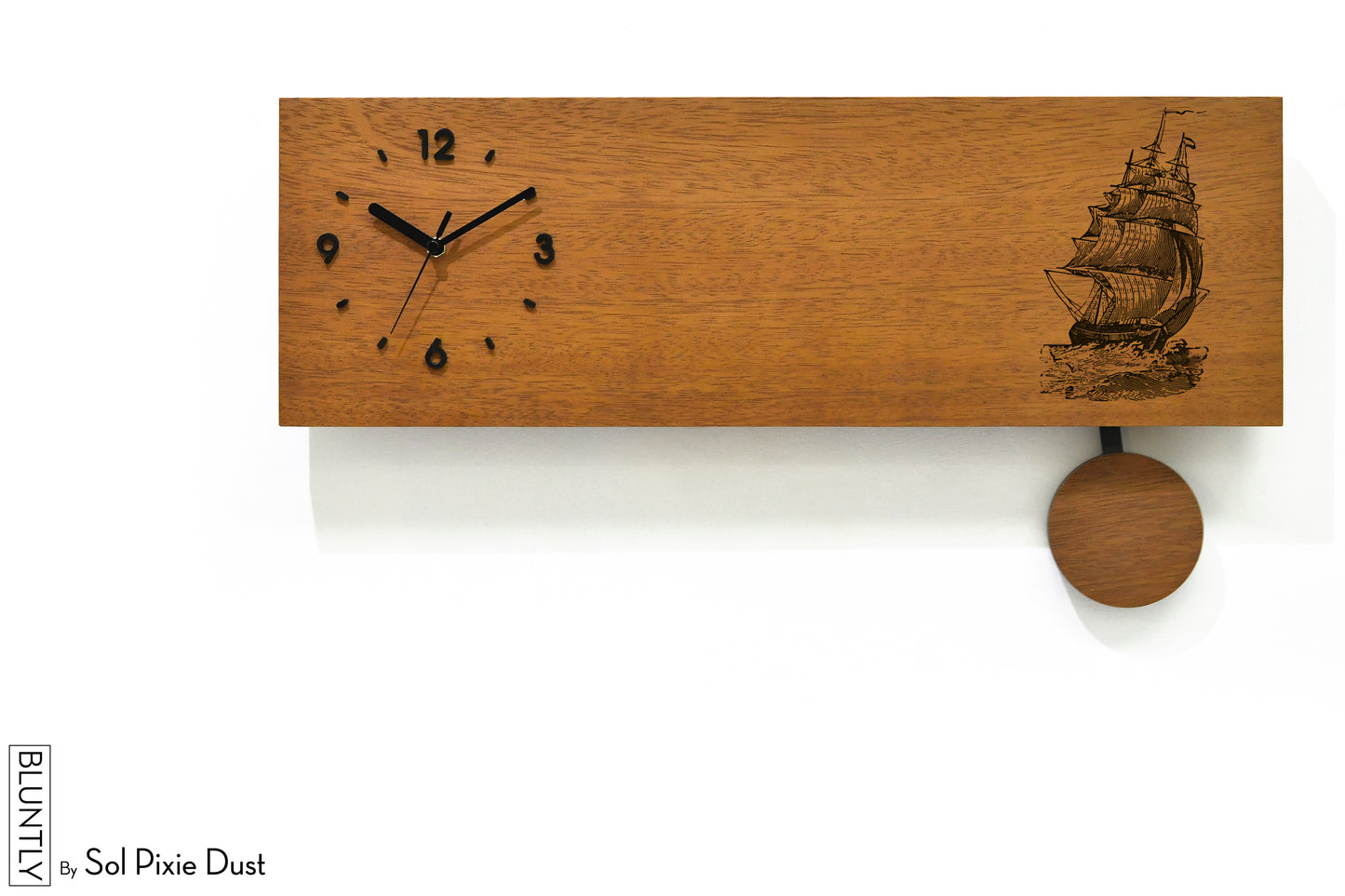 Bluntly Horizontal Modern Design Solid Iroko Wood Grandfather Pendulum Wall Clock / Table Clock