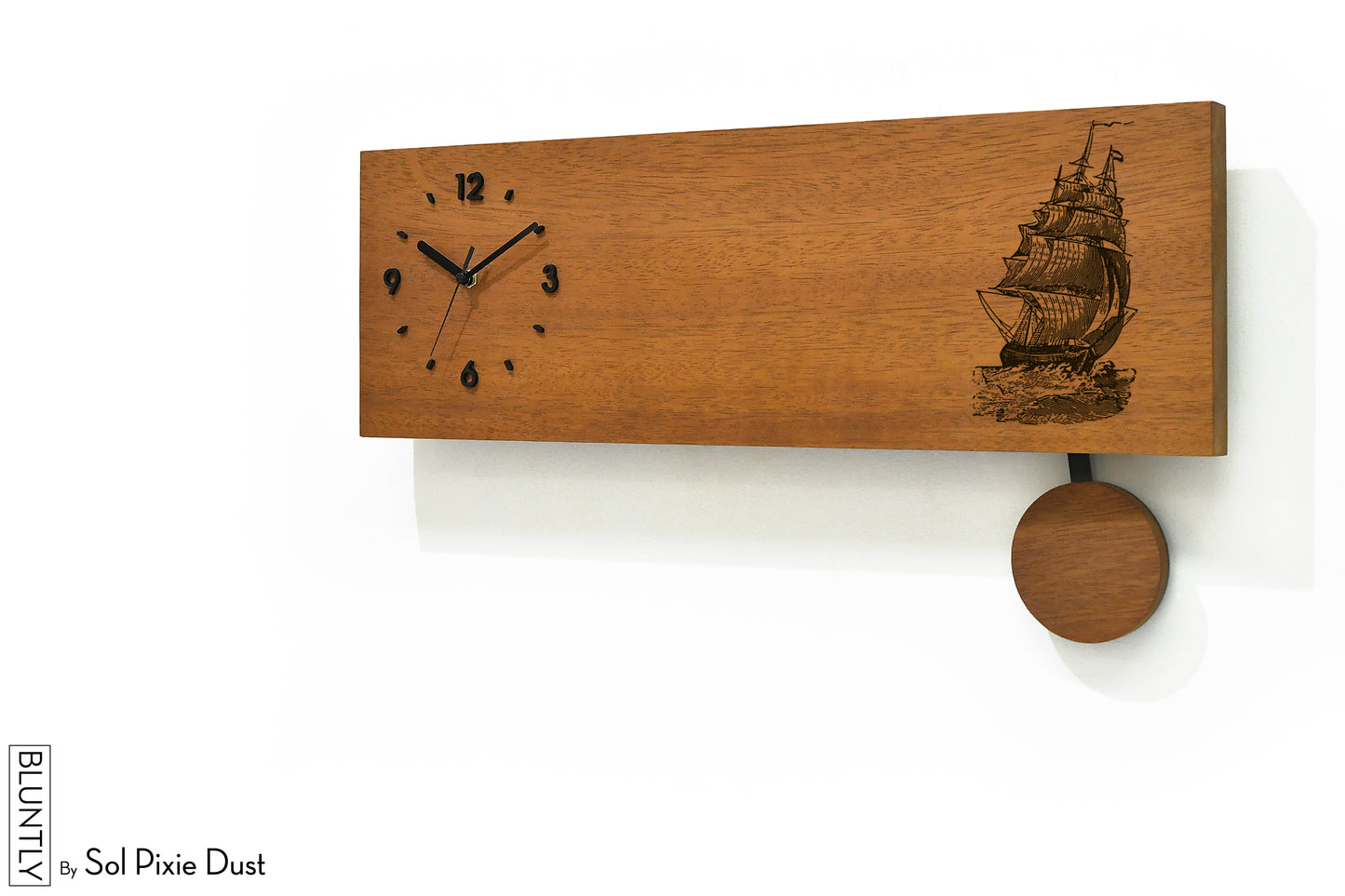Bluntly Horizontal Modern Design Solid Iroko Wood Grandfather Pendulum Wall Clock / Table Clock