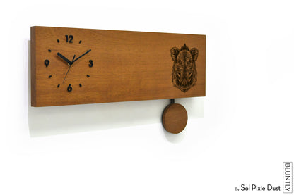 Bluntly Horizontal Modern Design Solid Iroko Wood Grandfather Pendulum Wall Clock / Table Clock