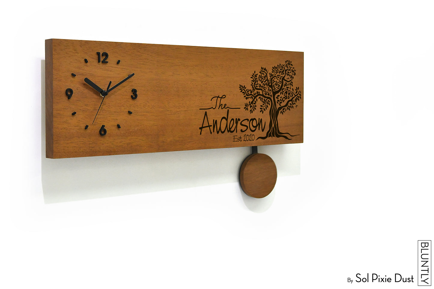 Bluntly Horizontal Modern Design Solid Iroko Wood Grandfather Pendulum Wall Clock / Table Clock