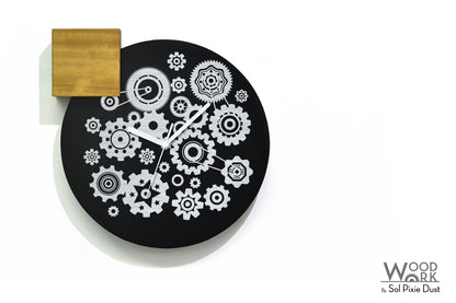 Modern Black Aluminum with Solid Iroko Wood Wall Clock