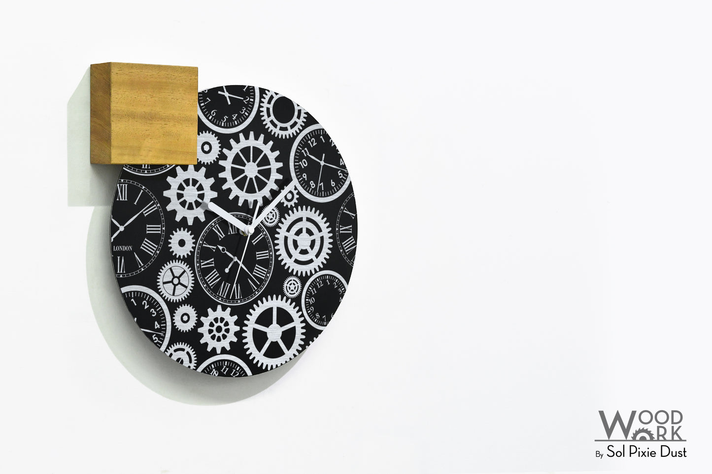 Modern Black Aluminum with Solid Iroko Wood Wall Clock
