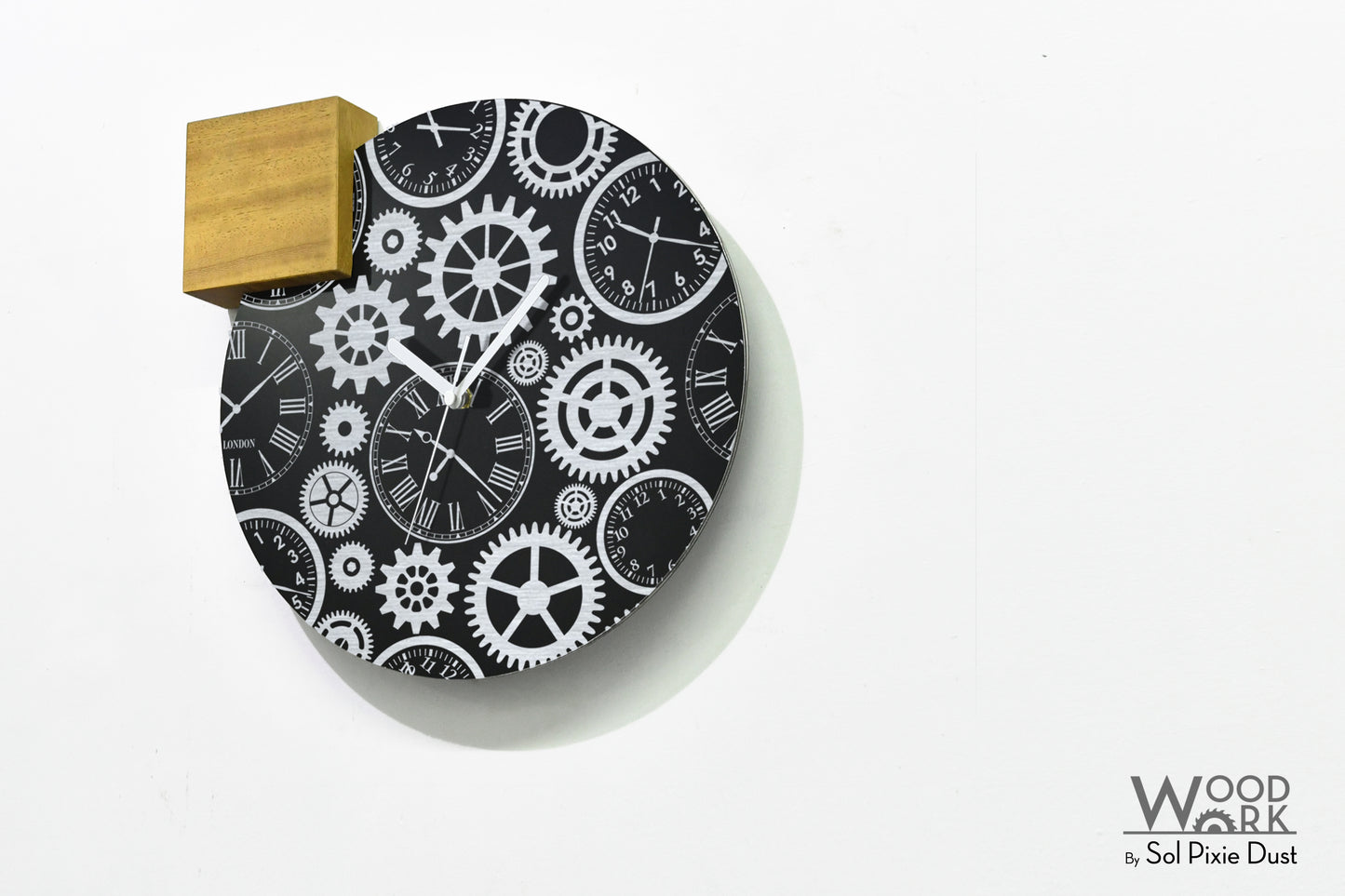 Modern Black Aluminum with Solid Iroko Wood Wall Clock