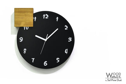 Modern Black Aluminum with Solid Iroko Wood Wall Clock