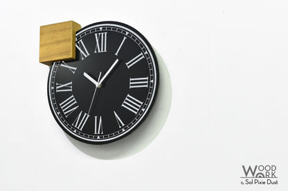 Modern Black Aluminum with Solid Iroko Wood Wall Clock