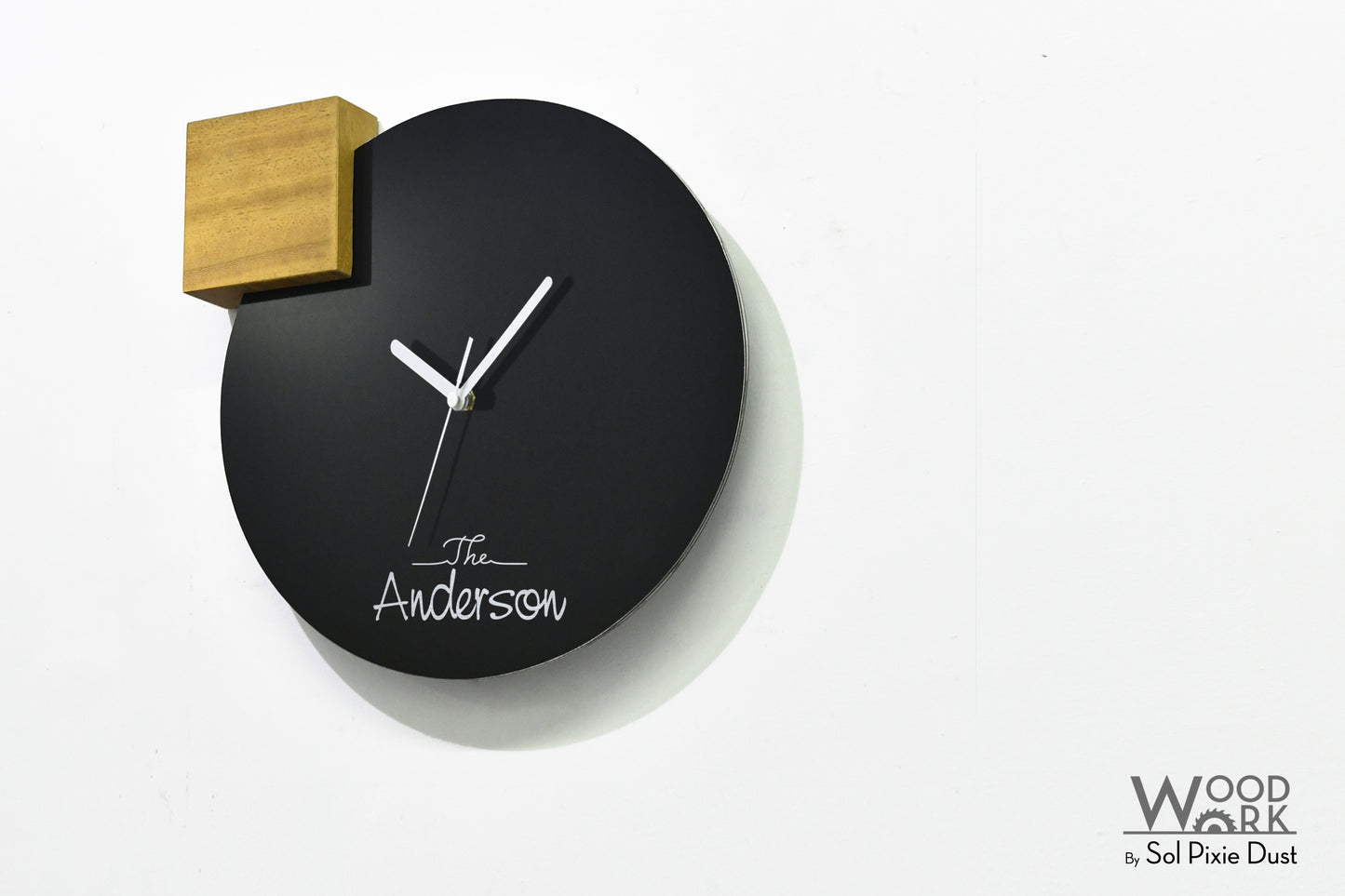 Modern Black Aluminum with Solid Iroko Wood Wall Clock