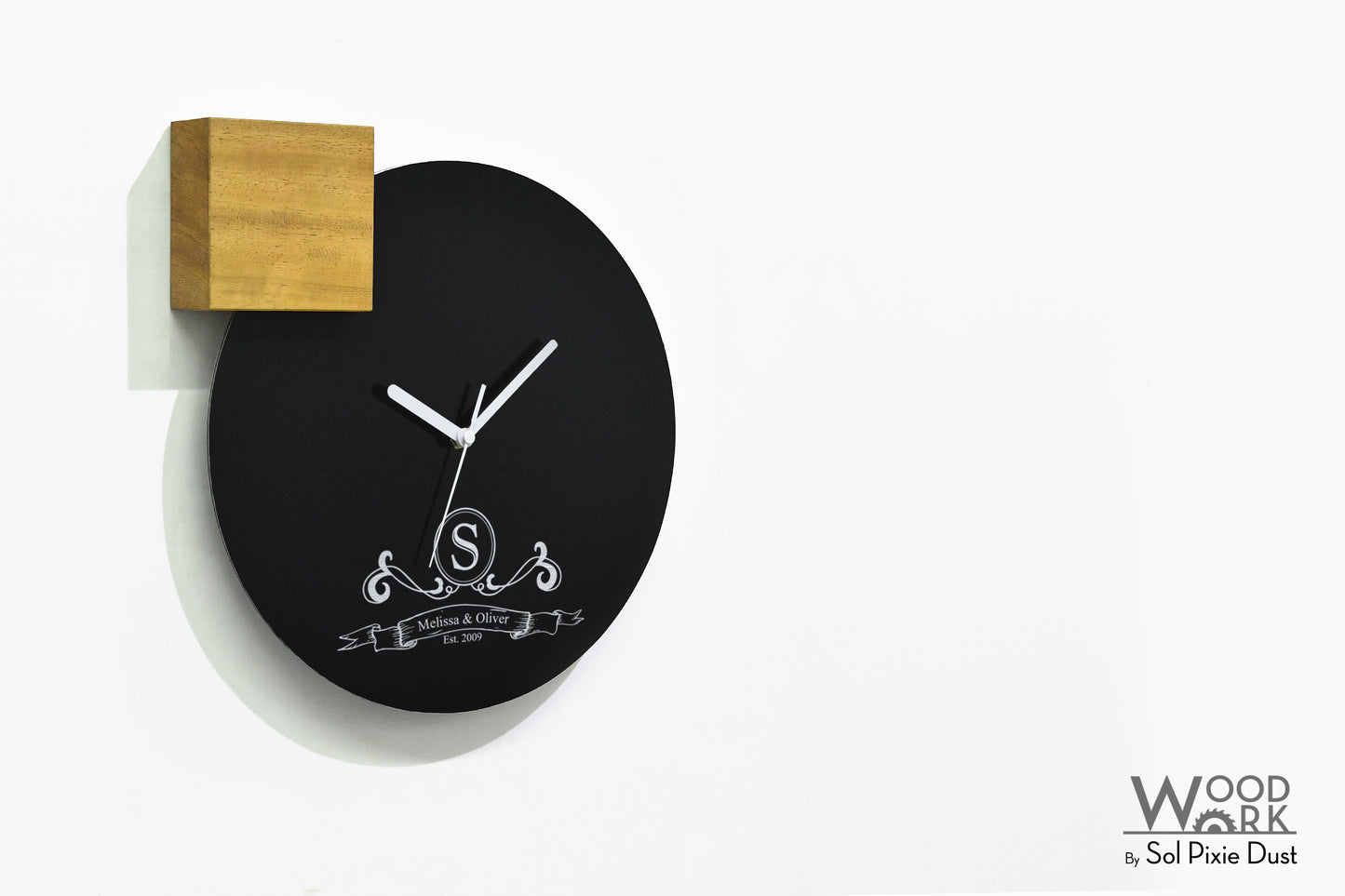 Modern Black Aluminum with Solid Iroko Wood Wall Clock