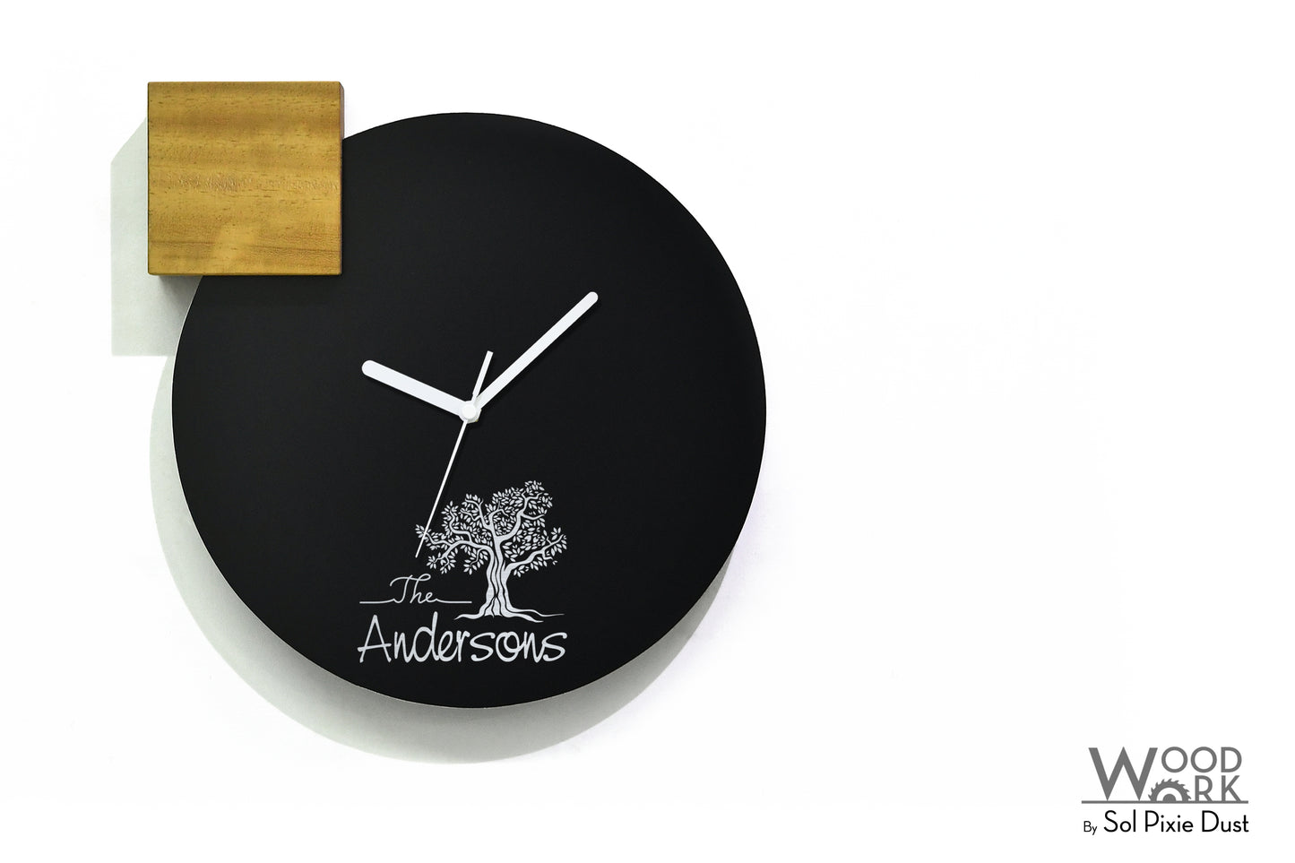 Modern Black Aluminum with Solid Iroko Wood Wall Clock