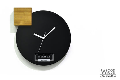Modern Black Aluminum with Solid Iroko Wood Wall Clock