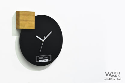 Modern Black Aluminum with Solid Iroko Wood Wall Clock
