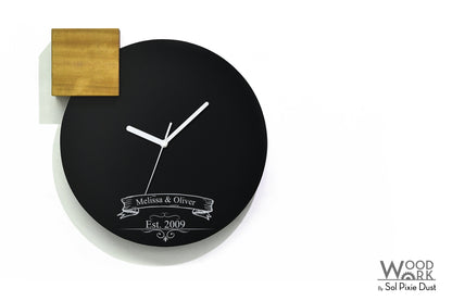 Modern Black Aluminum with Solid Iroko Wood Wall Clock