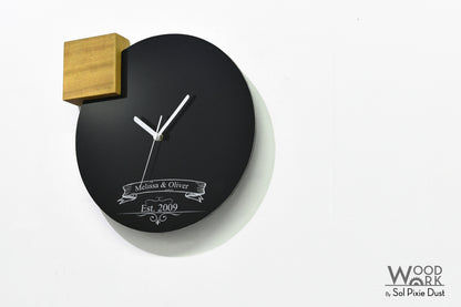 Modern Black Aluminum with Solid Iroko Wood Wall Clock