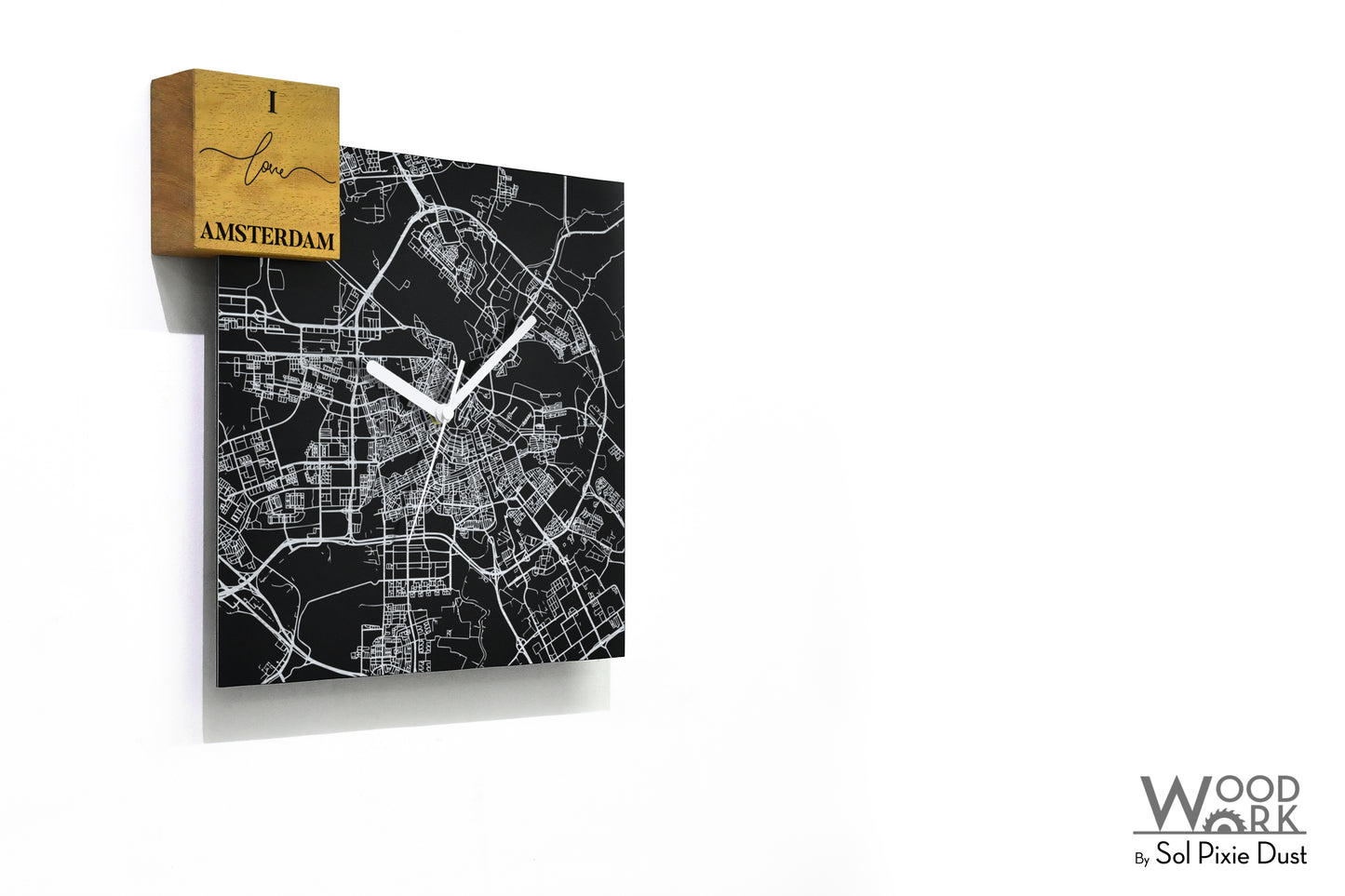 Modern Black Aluminum with Solid Iroko Wood Wall Clock