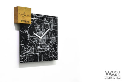 Modern Black Aluminum with Solid Iroko Wood Wall Clock