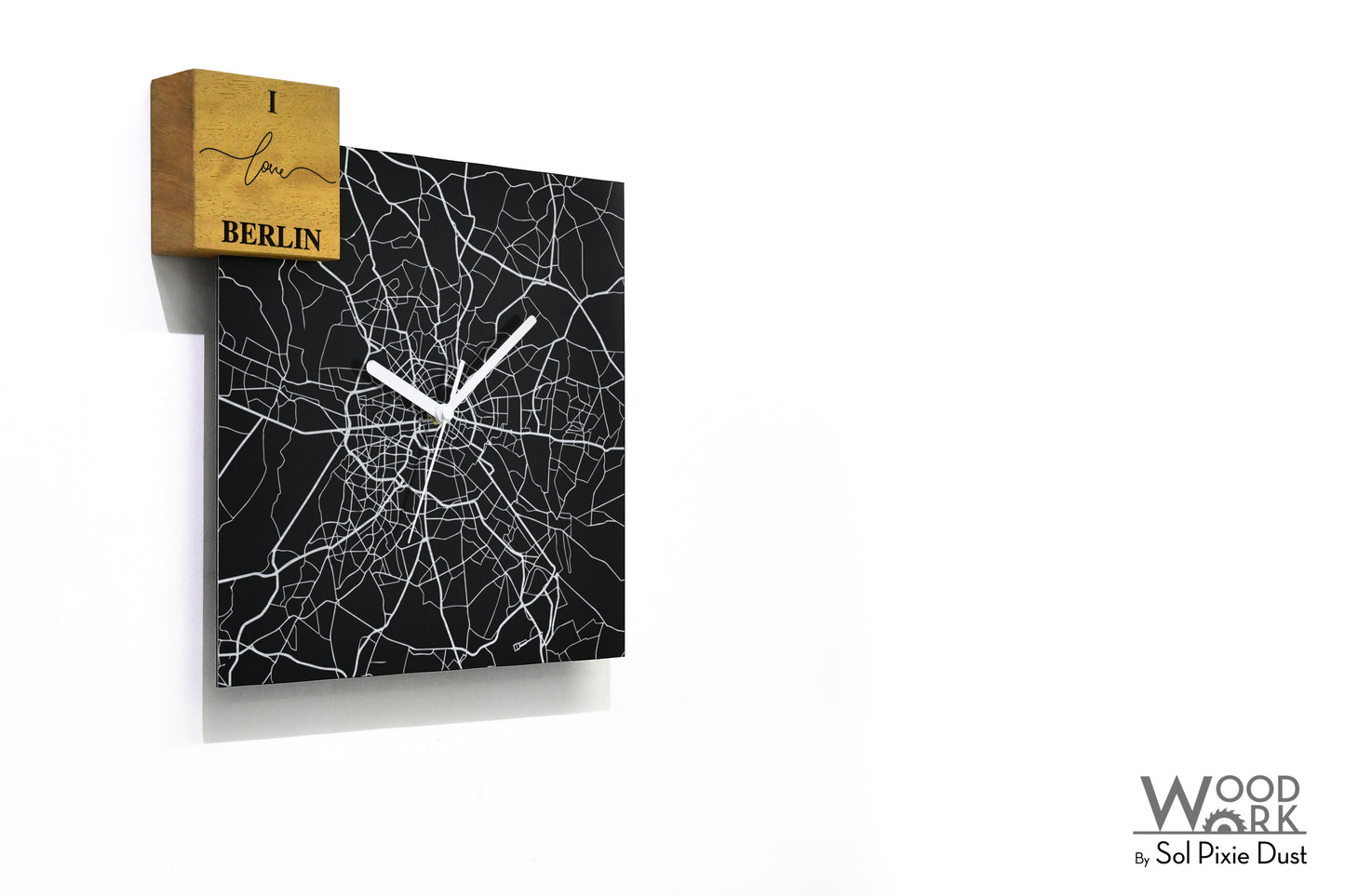 Modern Black Aluminum with Solid Iroko Wood Wall Clock