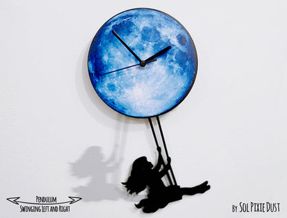 Swinging on the Moon Girl - Pendulum Wall Clock - Nursery Room