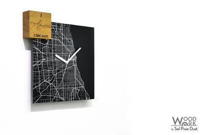 Modern Black Aluminum with Solid Iroko Wood Wall Clock