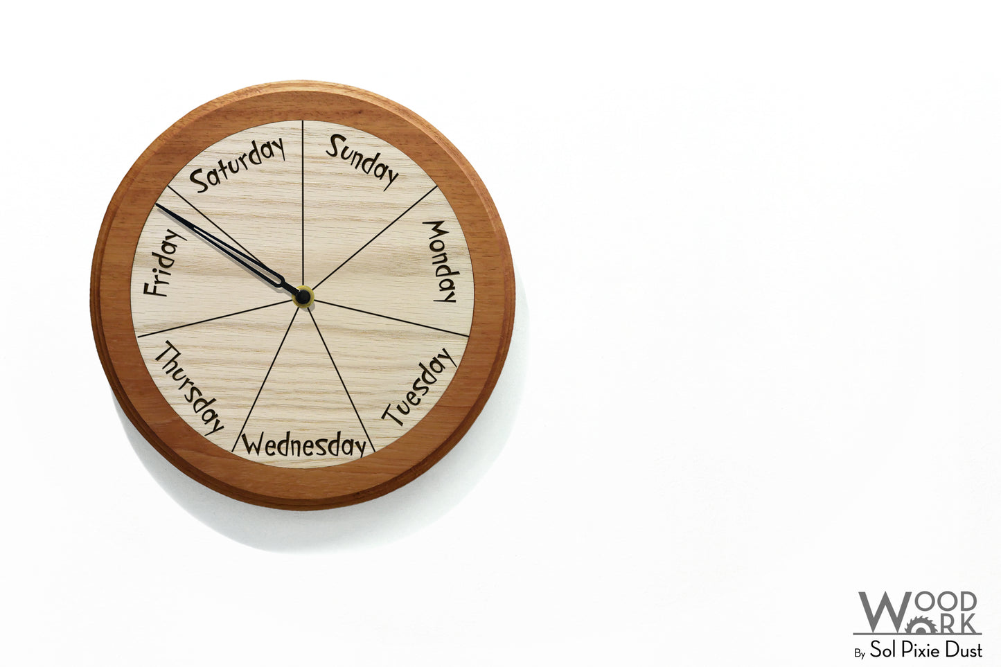 Day of The Week Clock - Solid Wood - Round Day Clock