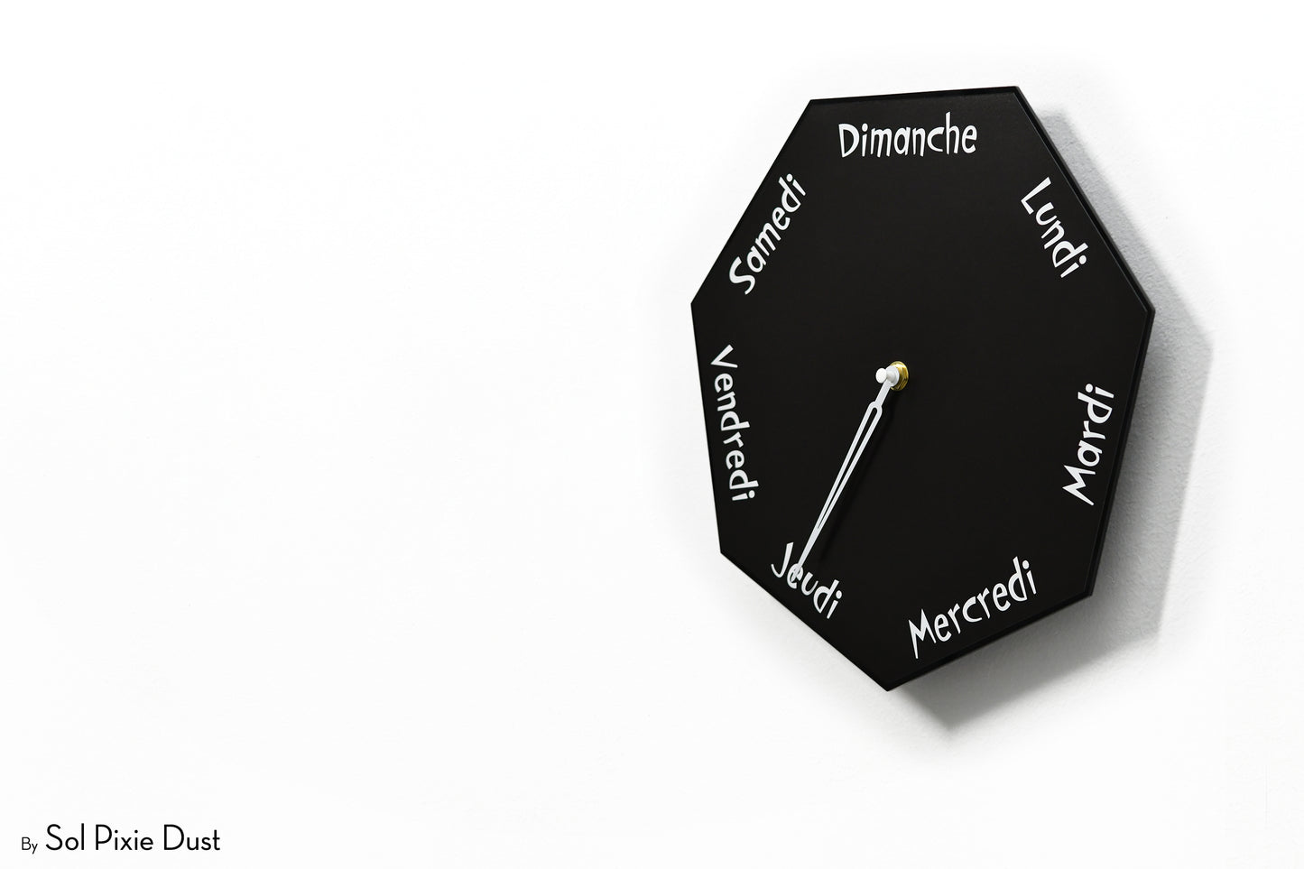German Day of The Week Clock - Black - Heptagon Day Clock
