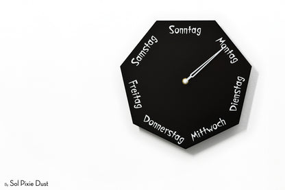 German Day of The Week Clock - Black - Heptagon Day Clock