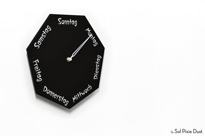 German Day of The Week Clock - Black - Heptagon Day Clock