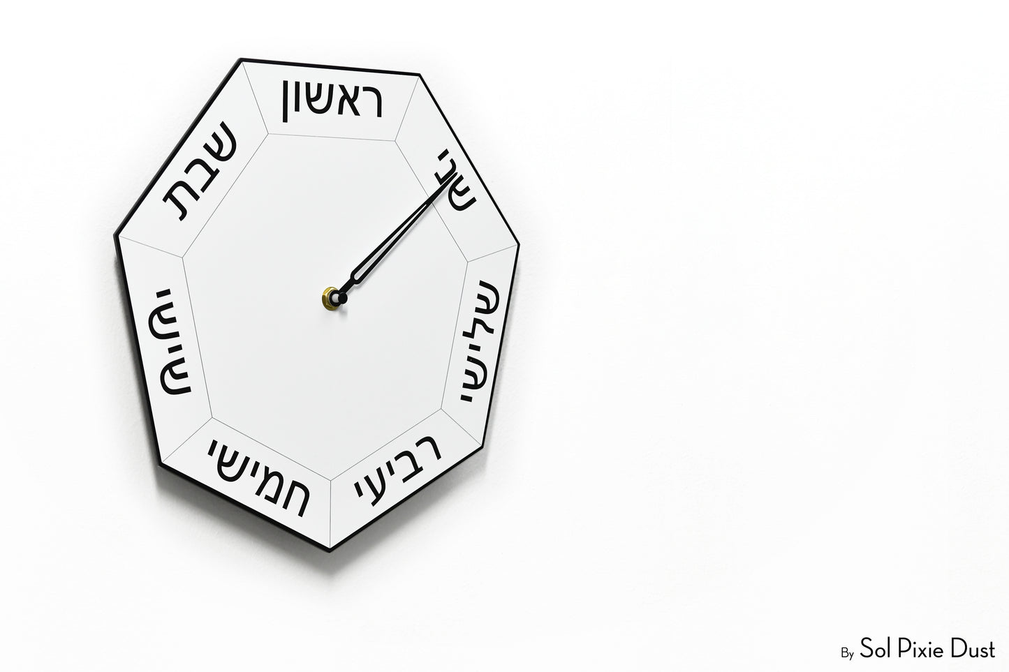 Hebrew Day of The Week Clock - White - Heptagon Day Clock