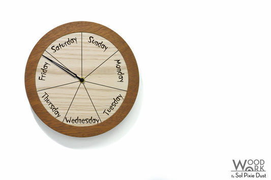 Day of The Week Clock - Solid Wood - Round Day Clock