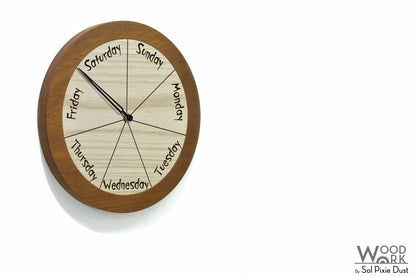 Day of The Week Clock - Solid Wood - Round Day Clock