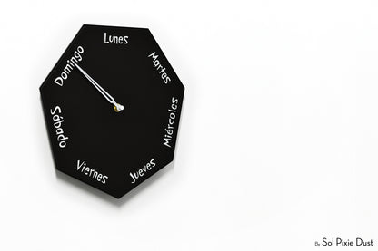 Spanish Day of The Week Clock - Black - Heptagon Day Clock