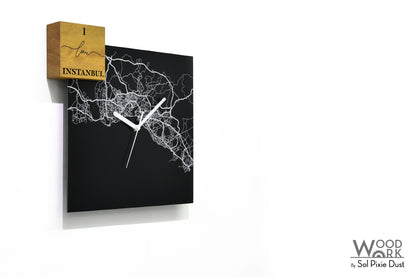 Modern Black Aluminum with Solid Iroko Wood Wall Clock