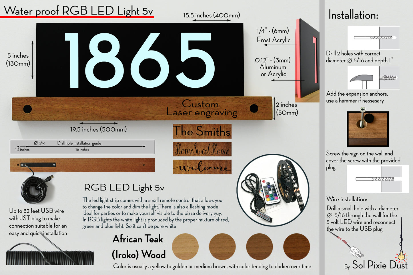 Underline African Teak Iroko or Hollow Aluminum Address Plaque - LED Signs