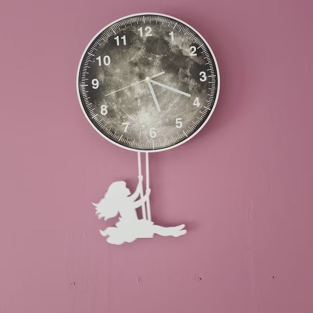Swinging on the Moon Girl - Pendulum Wall Clock - Nursery Room
