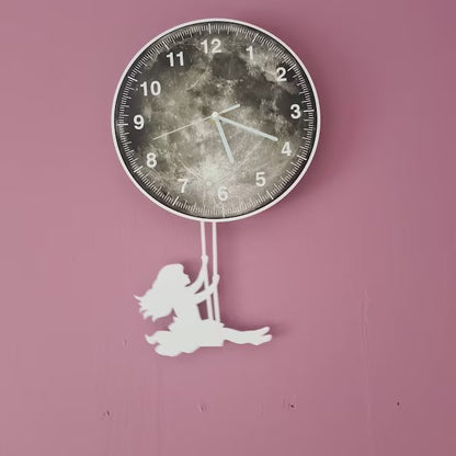 Swinging on the Moon Girl - Pendulum Wall Clock - Nursery Room