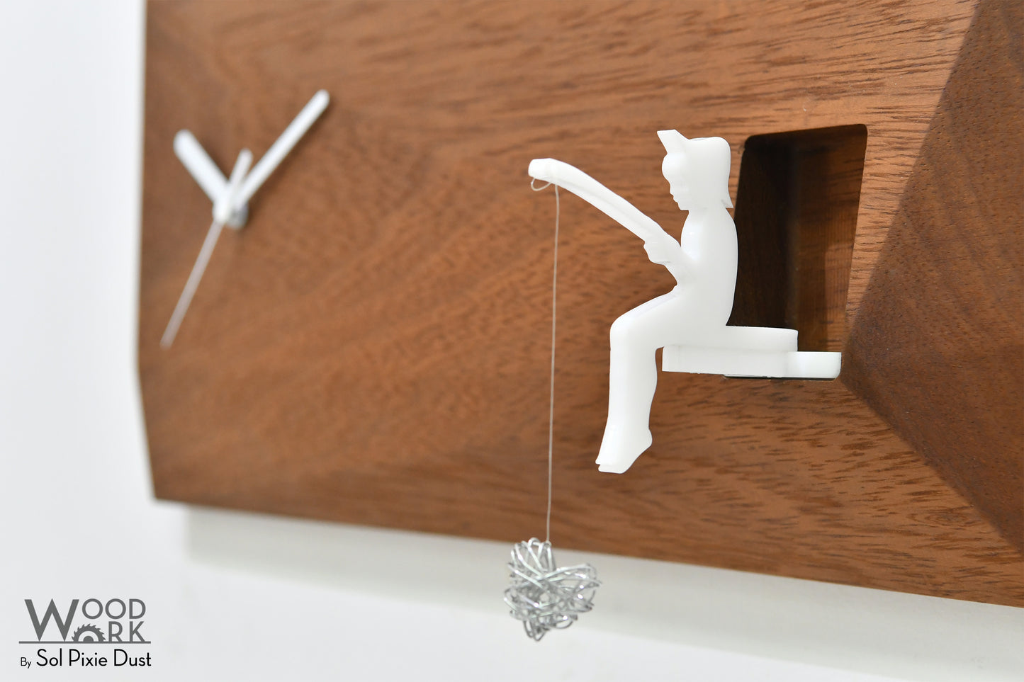 3D Wooden Clock with Fisherman and hand-knitted wire Heart or a Wire Bird