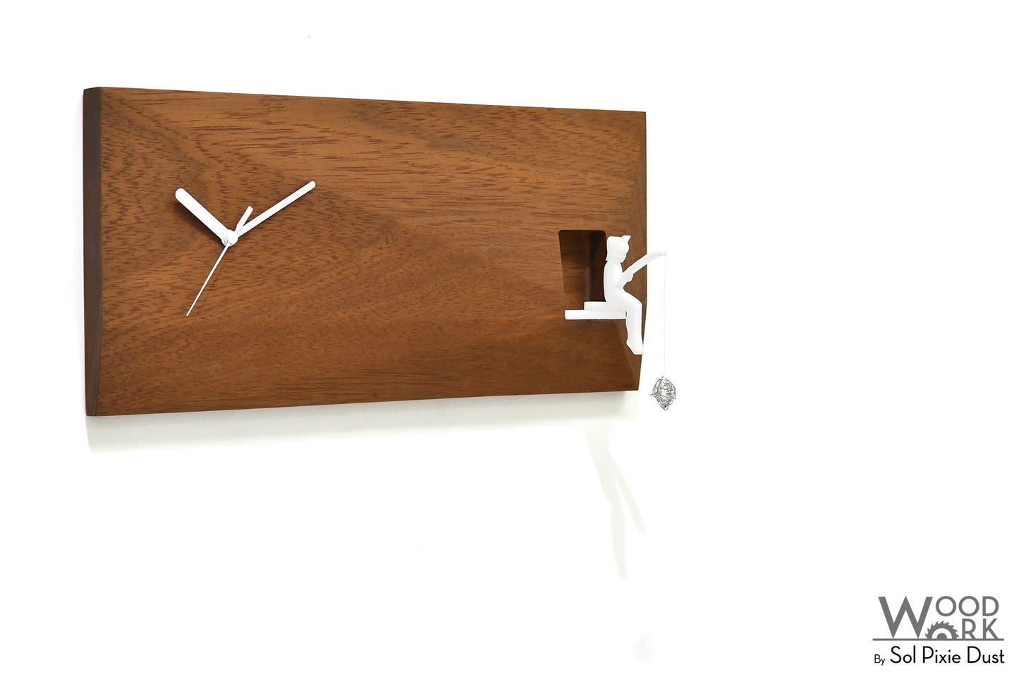 3D Wooden Clock with Fisherman and hand-knitted wire Heart or a Wire Bird