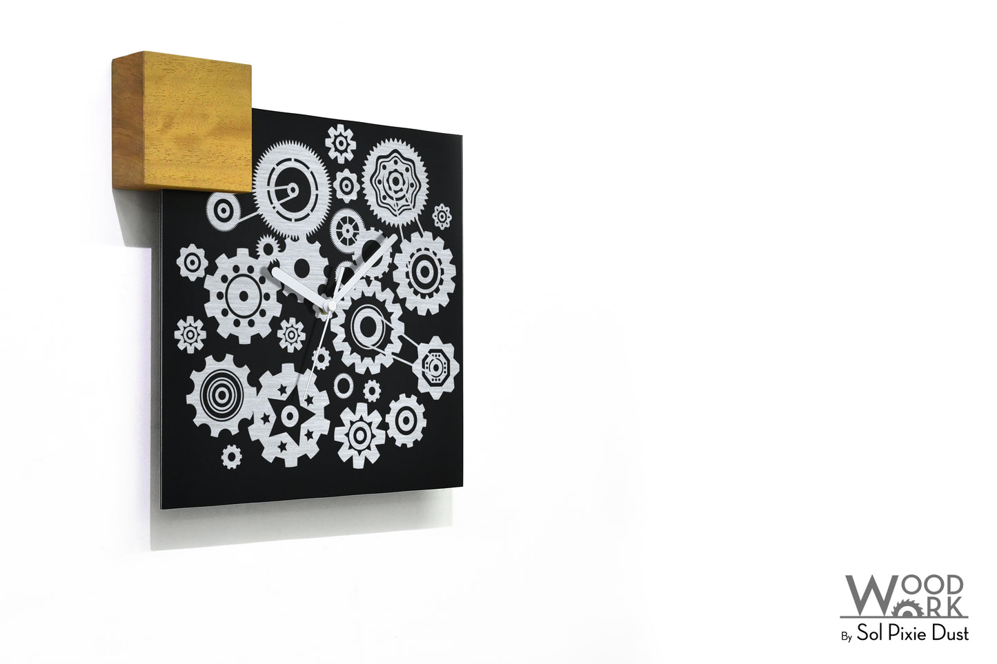 Modern Black Aluminum with Solid Iroko Wood Wall Clock