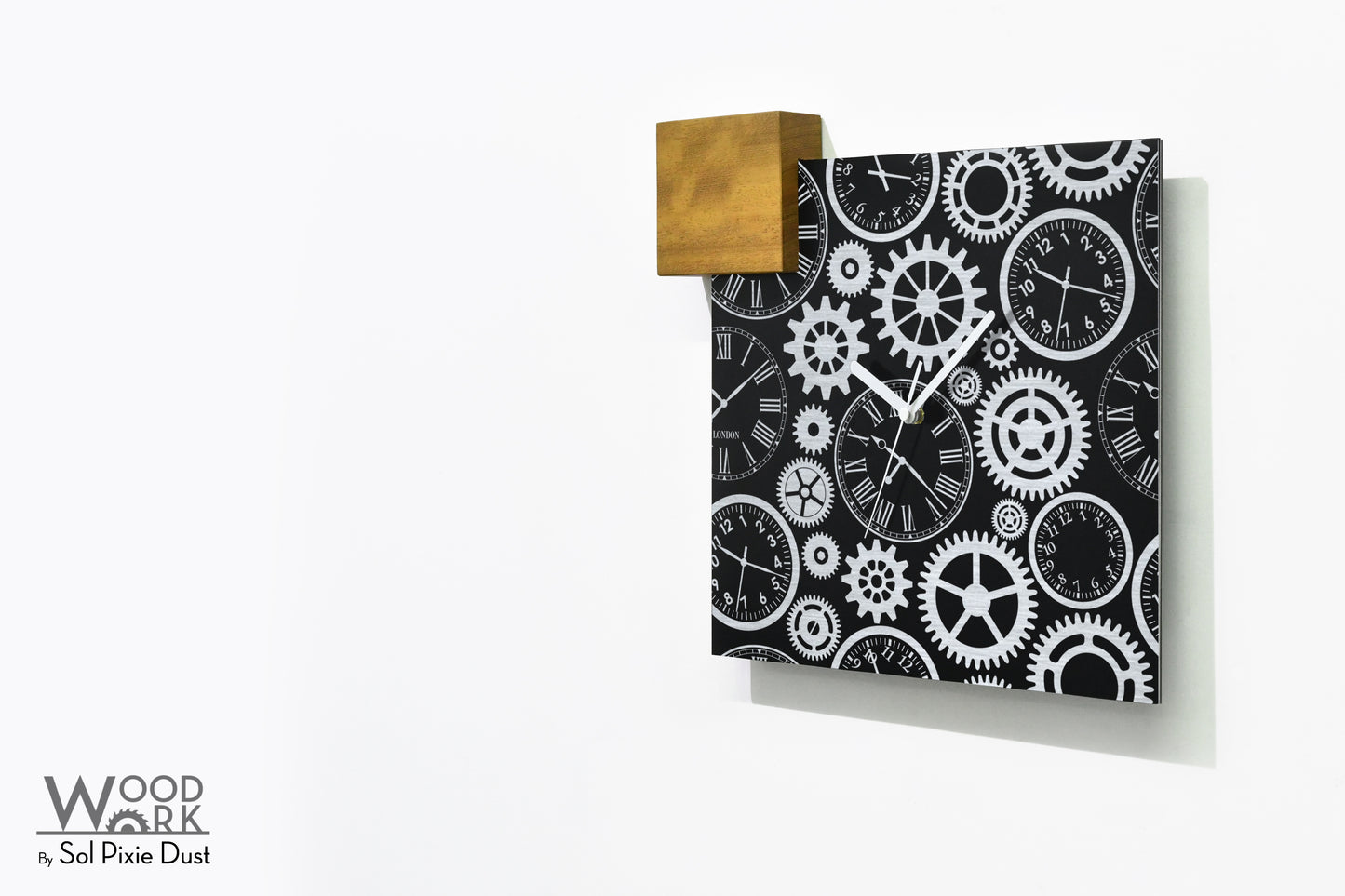 Modern Black Aluminum with Solid Iroko Wood Wall Clock