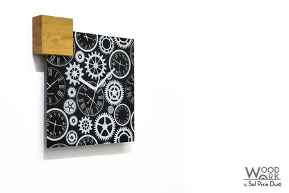 Modern Black Aluminum with Solid Iroko Wood Wall Clock