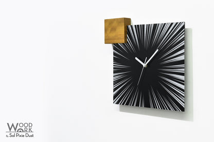 Modern Black Aluminum with Solid Iroko Wood Wall Clock