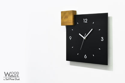 Modern Black Aluminum with Solid Iroko Wood Wall Clock