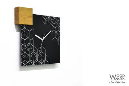 Modern Black Aluminum with Solid Iroko Wood Wall Clock