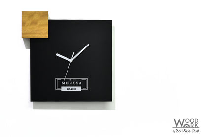 Modern Black Aluminum with Solid Iroko Wood Wall Clock