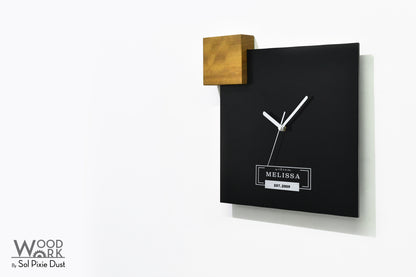 Modern Black Aluminum with Solid Iroko Wood Wall Clock