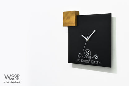 Modern Black Aluminum with Solid Iroko Wood Wall Clock