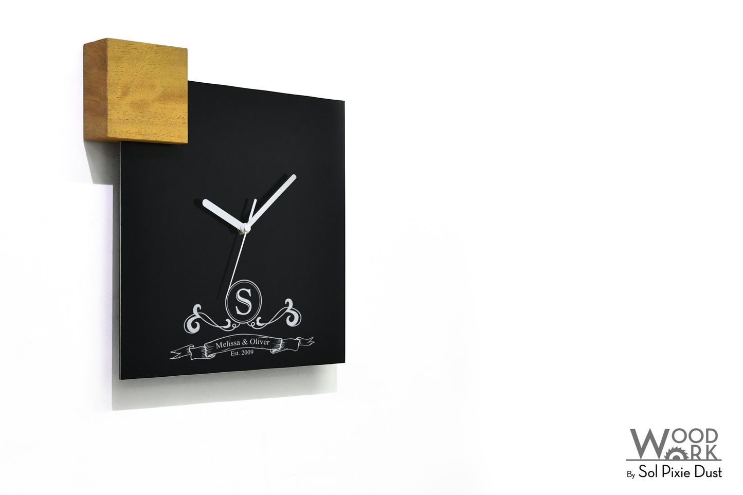 Modern Black Aluminum with Solid Iroko Wood Wall Clock