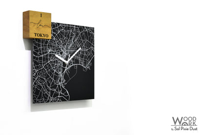 Modern Black Aluminum with Solid Iroko Wood Wall Clock