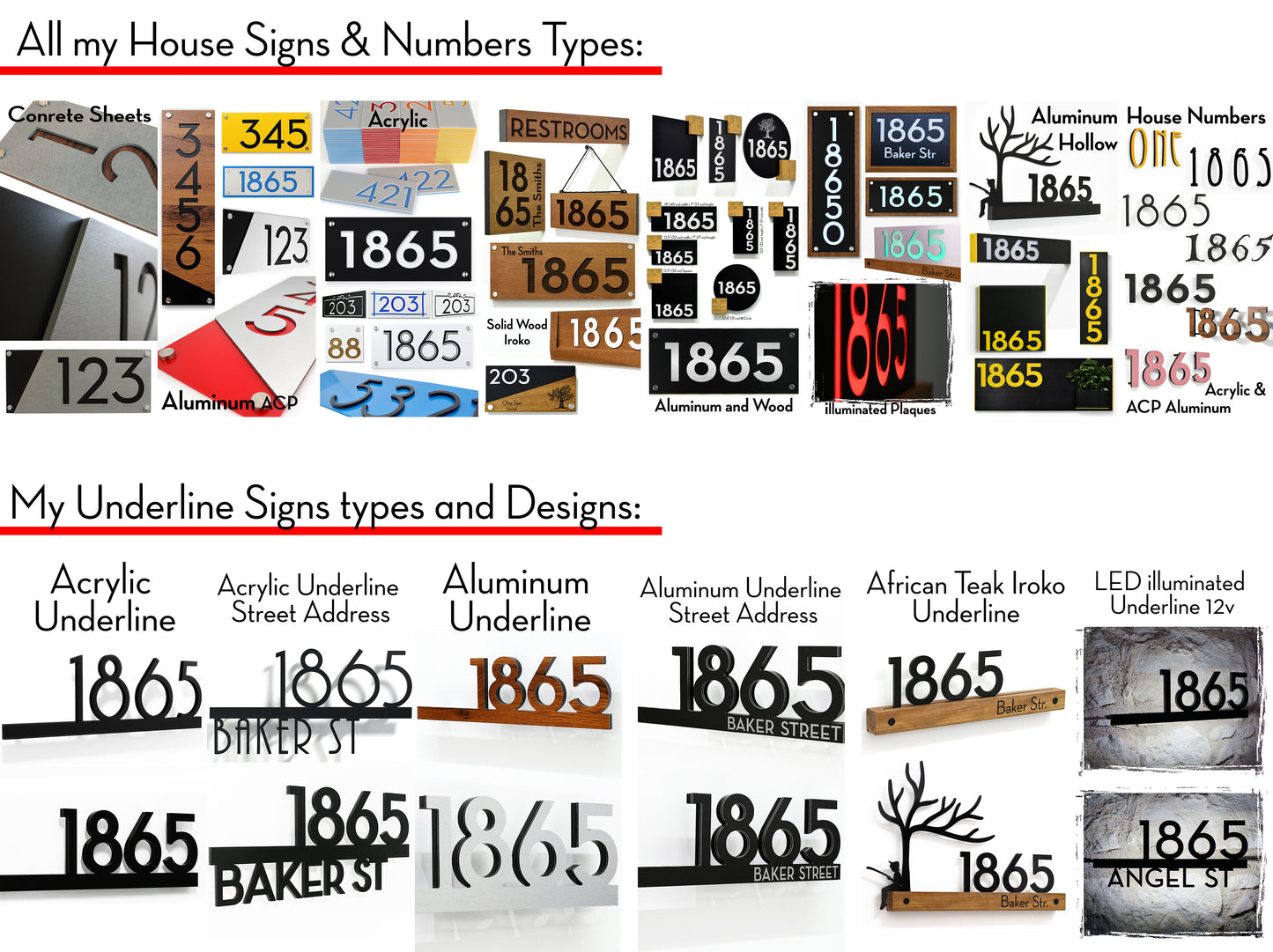 Underline African Teak Iroko or Hollow Aluminum Address Plaque - LED Signs