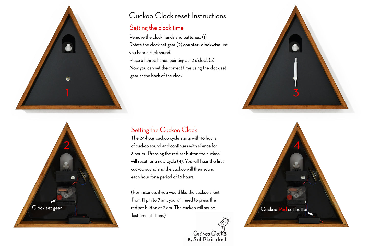 Cabin Cuckoo Bird Wall Clock - Table Clock - Solid Iroko Wood or White Oak